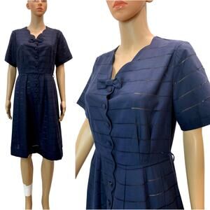 50s Dark Blue Day Dress w Bow Sheer Stripes Scalloped Neckline | S/M